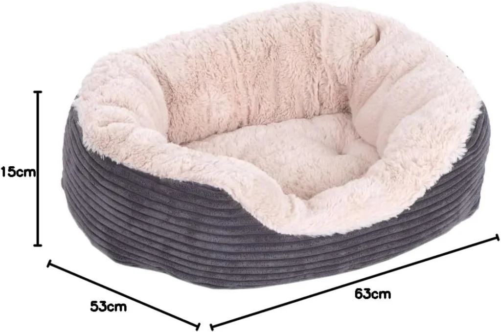 Rosewood Jumbo Cord Plush Dog Bed – Medium, 62x60cm – Washable Oval Pet Bed Cushion for Dogs and Cats – Warm and Comfortable – Non-Slip Base, Soft Plush Material – Grey/Cream