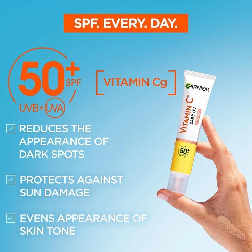 61+IU+E5JUL._AC_SL1002_ Garnier Vitamin C Daily UV SPF50+ Brightening Fluid Sheer Glow, Prevents & Corrects Sun Damages, Evens Skin Tone, Face & Neck, For All Skin Types, Cruelty-Free, Vegan, 50ml