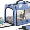 Interfashioner® Bird Travel Carrier for Parakeet Parrot Cockatiel Small Birds, Bird Travel Carrier with Metal Tray and Standing Perch (Blue)