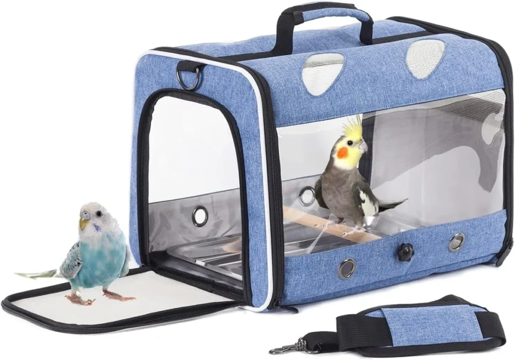 Interfashioner® Bird Travel Carrier for Parakeet Parrot Cockatiel Small Birds, Bird Travel Carrier with Metal Tray and Standing Perch (Blue)