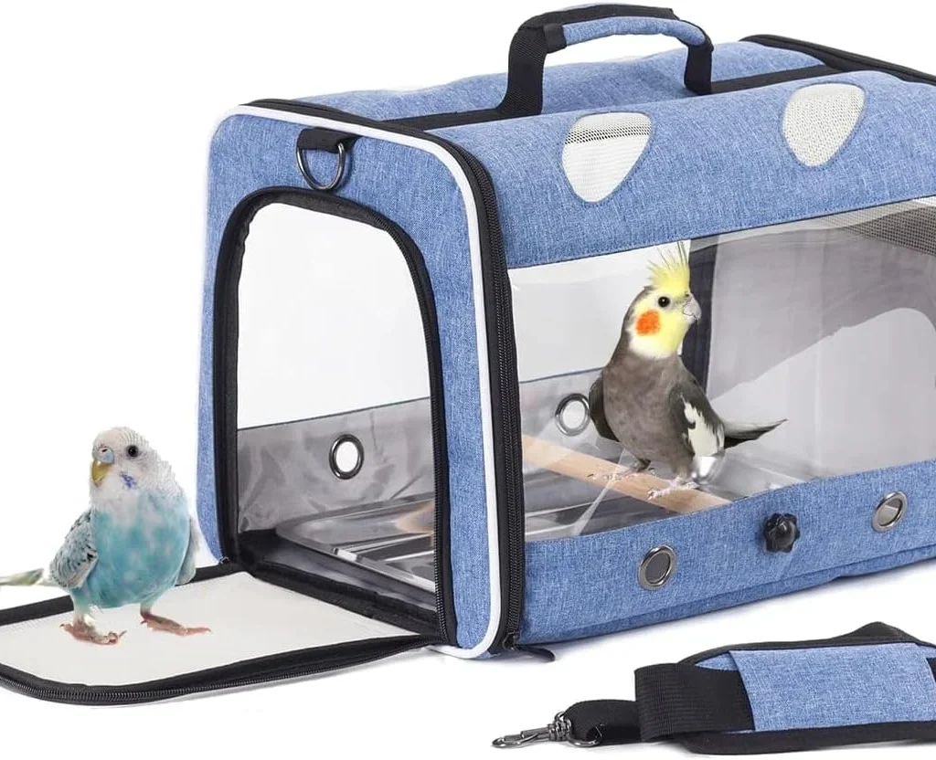 Interfashioner® Bird Travel Carrier for Parakeet Parrot Cockatiel Small Birds, Bird Travel Carrier with Metal Tray and Standing Perch (Blue)