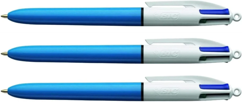 61srEbc7wWL._AC_SL1500_ BIC 4 Colours Original Pens, Multi Coloured Pens All In One, Biro Pens, Medium 1.0mm, Green, Blue, Red, Black, 3 Pens Per Pack, 1 Pack