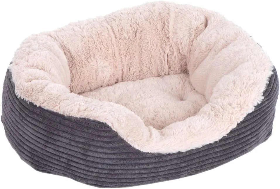 Rosewood Jumbo Cord Plush Dog Bed – Medium, 62x60cm – Washable Oval Pet Bed Cushion for Dogs and Cats – Warm and Comfortable – Non-Slip Base, Soft Plush Material – Grey/Cream