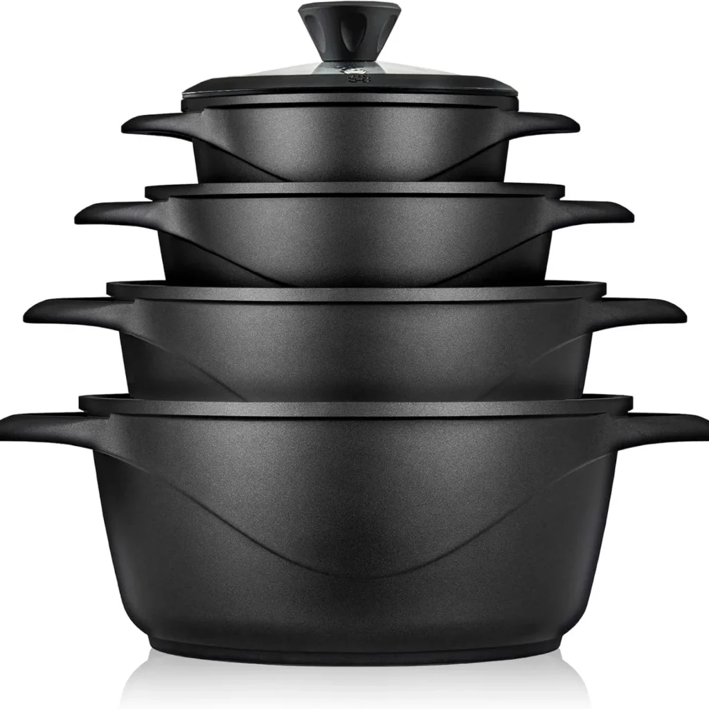 briebe Induction Cookware Set 8 Pieces, Set of 4 Cast Aluminium Cookers, Non-Stick ILAG GRANITEC PFOA Free, Set of Pots and Lids Glass, Silicone Gloves, Ceramic Hob, Gas, Oven, MGK-12S