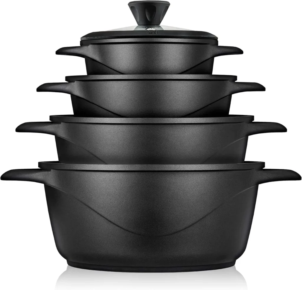 71160ZS1tHL._AC_SL1500_ briebe Induction Cookware Set 8 Pieces, Set of 4 Cast Aluminium Cookers, Non-Stick ILAG GRANITEC PFOA Free, Set of Pots and Lids Glass, Silicone Gloves, Ceramic Hob, Gas, Oven, MGK-12S