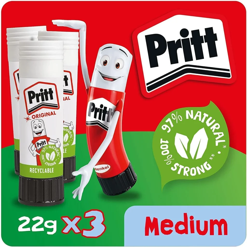 71SQax5fp4L._AC_SL1500_ Pritt Glue Stick, Safe & Child-Friendly Craft Glue for Arts & Crafts Activities, Strong-Hold adhesive for School & Office Supplies, 22 g (Pack of 3)