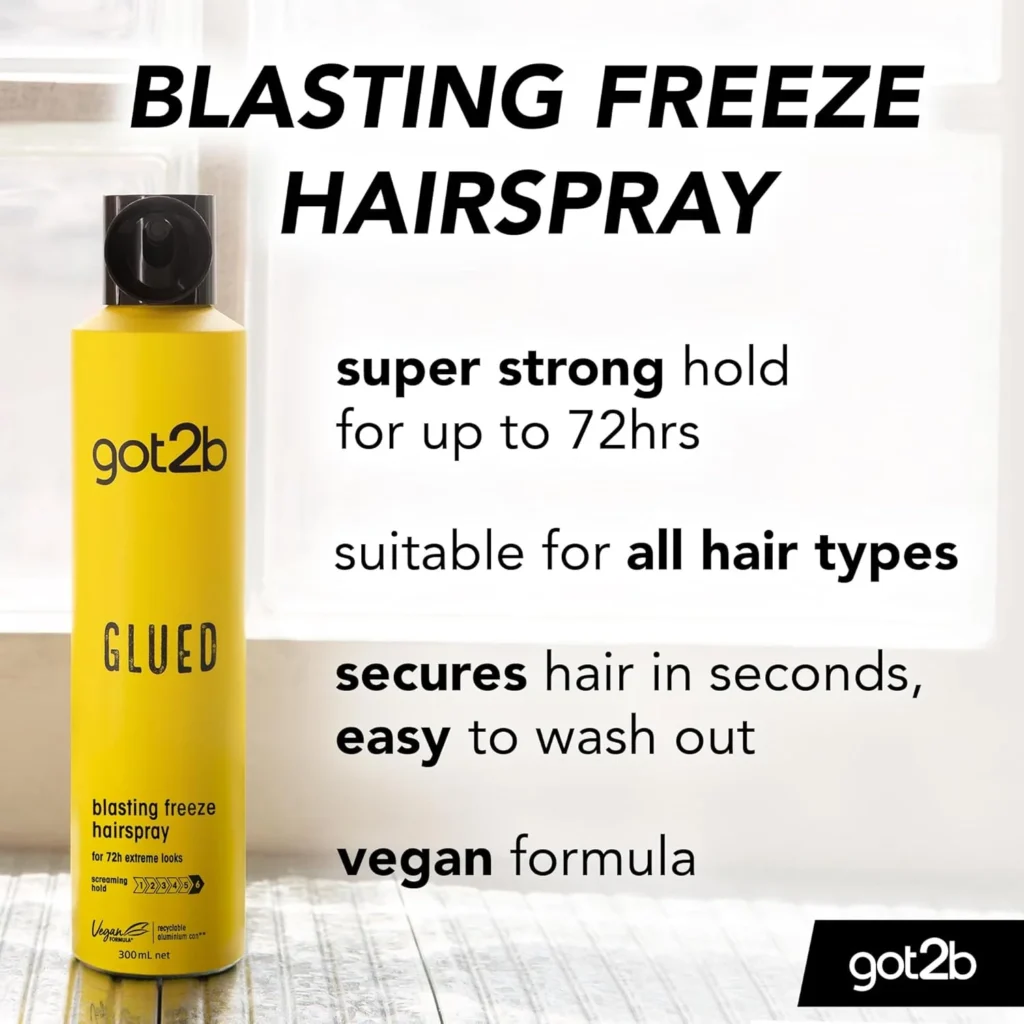 71q-yF0olXL._AC_SL1500_ got2b Glued Blasting Freeze Hairspray 300 ml, Glued Hairspray for up to 72h Ultra Strong Hold, Hairspray got2b, For Extreme Hairstyles, Vegan Formula