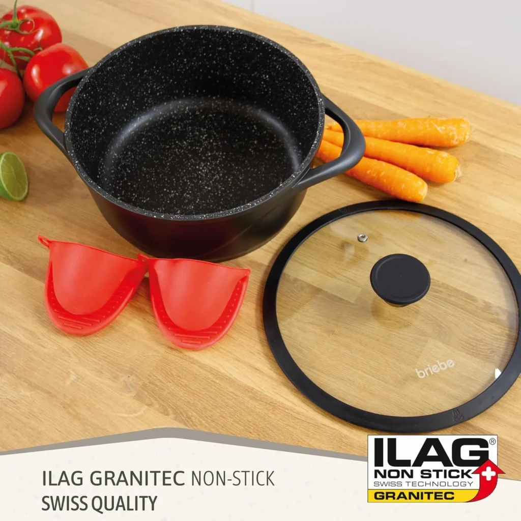 81Itlak9KTL._AC_SL1500_ briebe Induction Cookware Set 8 Pieces, Set of 4 Cast Aluminium Cookers, Non-Stick ILAG GRANITEC PFOA Free, Set of Pots and Lids Glass, Silicone Gloves, Ceramic Hob, Gas, Oven, MGK-12S