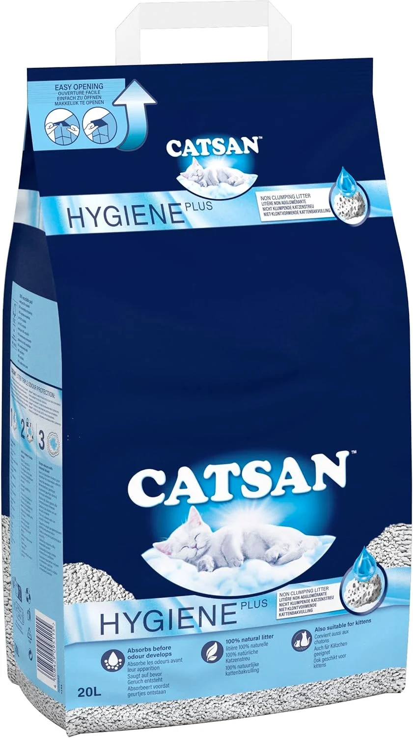 CATSAN - Hygiene Plus Non-Clumping Adult Cat Litter and Kitten Litter - 20L - 100% Natural and Absorbent