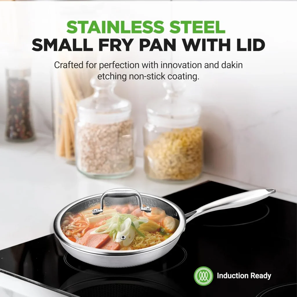 81TYtVaxEyL._AC_SL1500_ Nutrichef 8" Stainless Steel Frying Pan - Triply Kitchenware Stir Fry Pan Kitchen Cookware w/Dakin Etching Non-Stick Coating, Scratch-Resistant Raised-up Honeycomb Fire Textured Pattern NC3PL8