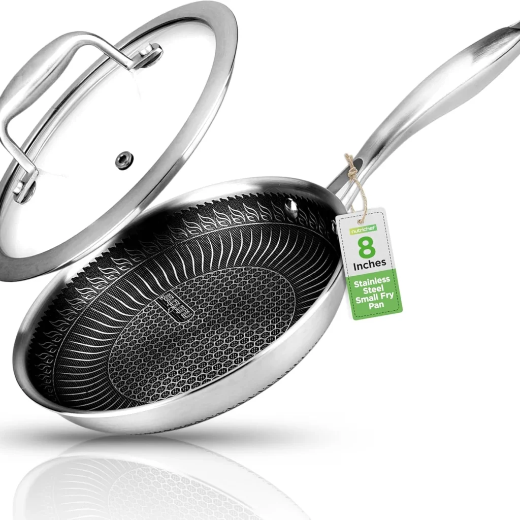 Nutrichef 8" Stainless Steel Frying Pan - Triply Kitchenware Stir Fry Pan Kitchen Cookware w/Dakin Etching Non-Stick Coating, Scratch-Resistant Raised-up Honeycomb Fire Textured Pattern NC3PL8