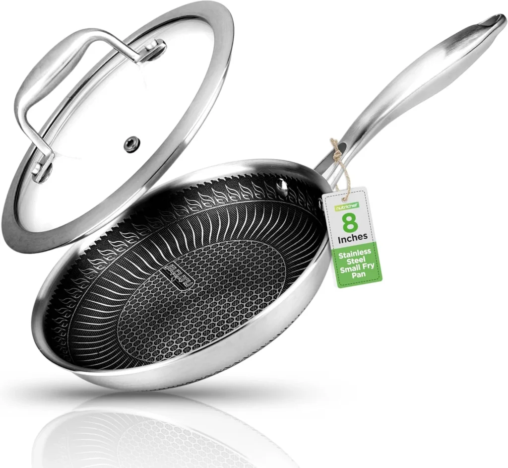 81dPh2GQKiL._AC_SL1500_ Nutrichef 8" Stainless Steel Frying Pan - Triply Kitchenware Stir Fry Pan Kitchen Cookware w/Dakin Etching Non-Stick Coating, Scratch-Resistant Raised-up Honeycomb Fire Textured Pattern NC3PL8