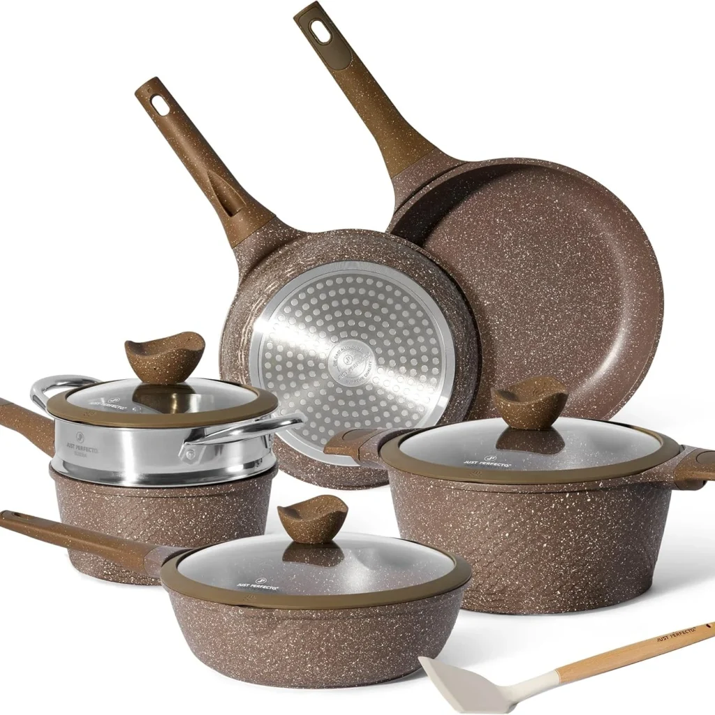 Just Perfecto Induction Pan Set of 14 Piece Pots & Pans Set with Lids - Aluminium Non-Stick Coating Deep Frying Pan with Lid Cookware Set