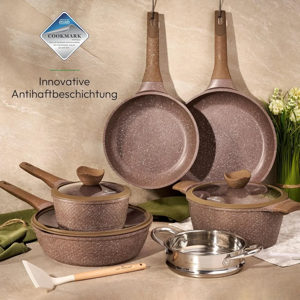 91KZEUTOPXL._AC_SL1500_ Just Perfecto Induction Pan Set of 14 Piece Pots & Pans Set with Lids - Aluminium Non-Stick Coating Deep Frying Pan with Lid Cookware Set